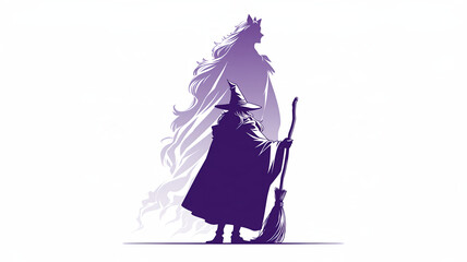 Fototapeta premium Silhouette of a young witch in a pointed hat and flowing cloak holding a broom beside a giant ethereal spirit with long hair against a purple background