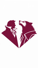 Fototapeta premium Split face silhouette of a Victorian gentleman and a snarling wolf head forming a heart emblem in deep burgundy and white for dark fantasy art