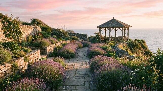 Coastal garden pathway with lavender flowers and wooden gazebo overlooking the sea at sunset