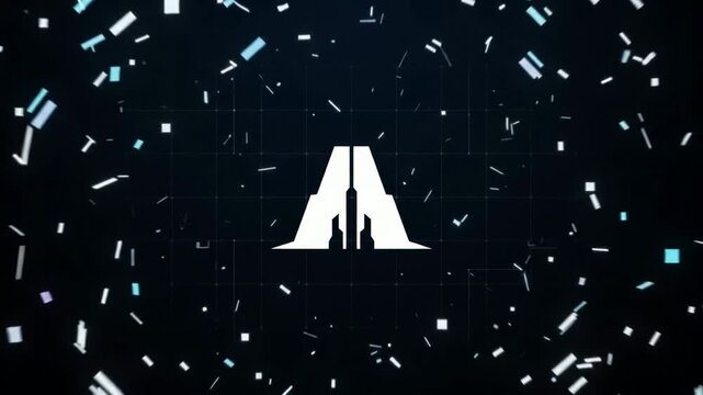 Pixel Fragments Converging to Form a Glowing Geometric Logo Center