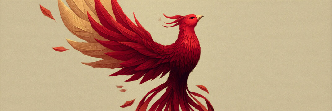 Crimson phoenix rising with red feathers, golden gradient wing tips and floating leaves on textured beige background symbolizing rebirth and mythical energy