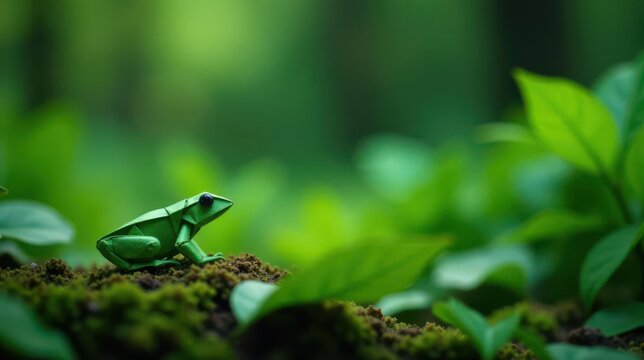 A tiny paper frog sits on lush green moss, amidst vibrant foliage, a serene scene of nature's artistry.
