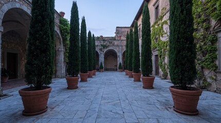 Fototapeta premium Italian courtyard with potted cypress trees and historic stone arches marble floor