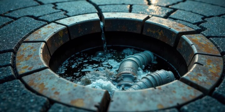 Rusty circular basin with water flowing into it and aged pipes resting in the water