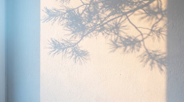 Shadows of pine branches cast on a wall in soft evening light  