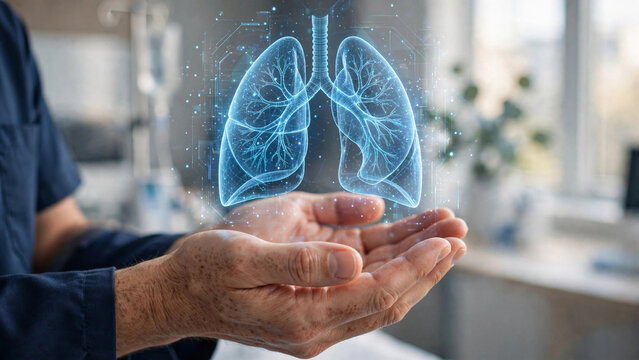 Digital lung hologram floating above cupped hands, respiratory health technology concept