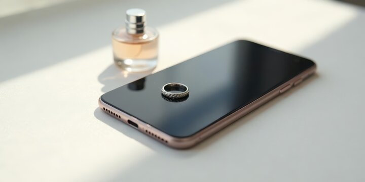 A simple elegant ring rests on a modern smartphone beside a bottle of perfume, bathed in soft sunlight.