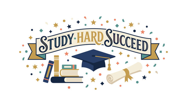 Celebratory illustration with academic symbols and festive confetti to inspire diligent study and achievement