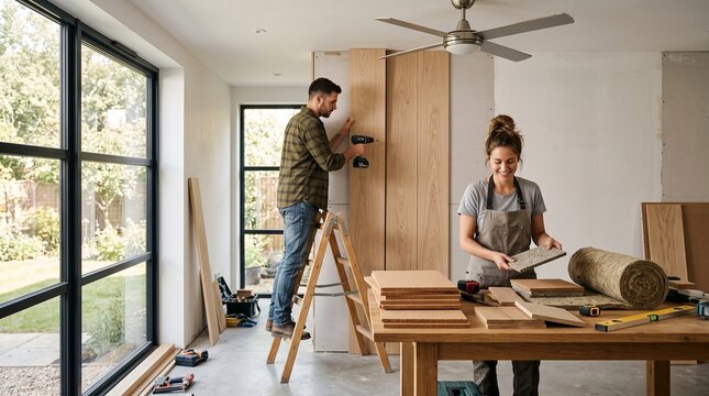 Young Couple Renovating Modern Home with Sustainable Materials