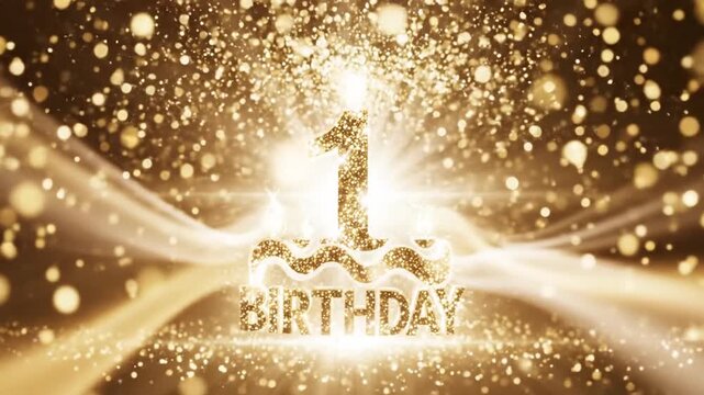 Golden glitter background with the number one for a first birthday celebration.