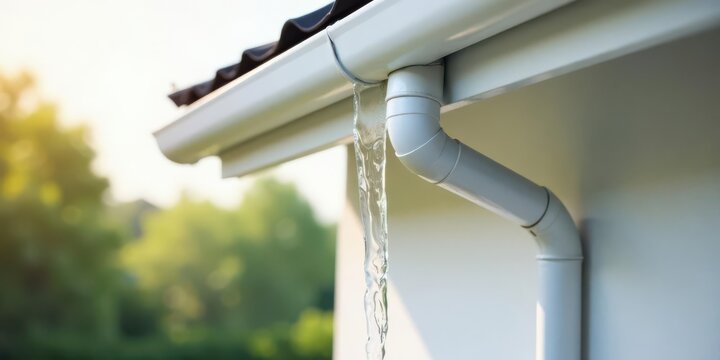 White downspout channeling rainwater from a home's roof during a gentle summer shower, showcasing efficient water drainage system