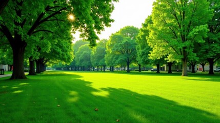 Obraz premium Serene Meadow Landscape with Lush Green Trees and Vibrant Sunlight