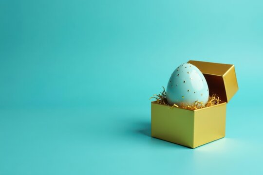 A delicately painted light blue egg, adorned with flecks of gold, rests nestled in shredded paper within a small, elegant golden gift box, all set against a serene aqua backdrop.