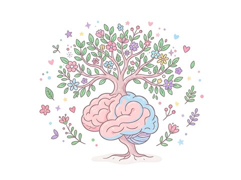 Conceptual illustration of a blooming tree growing out of a human brain.