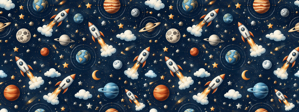 Colorful Space Rockets and Planets Seamless Pattern