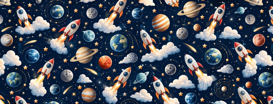 Colorful Space Rockets and Planets Seamless Pattern