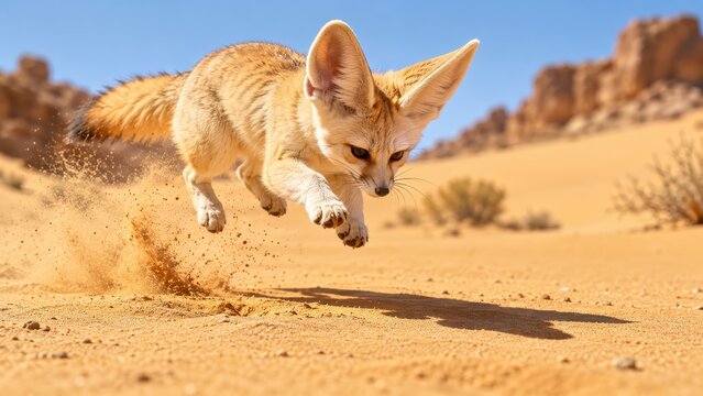 Fennec Fox Pouncing on Desert Sand Under Harsh Midday Sun