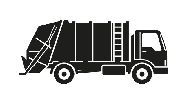 Minimalist Flat Vector Silhouette of a Garbage Truck for Waste Management. Side Profile View of a Refuse Collection Vehicle with Rear Loader, Cabin and Ladder Isolated on White.