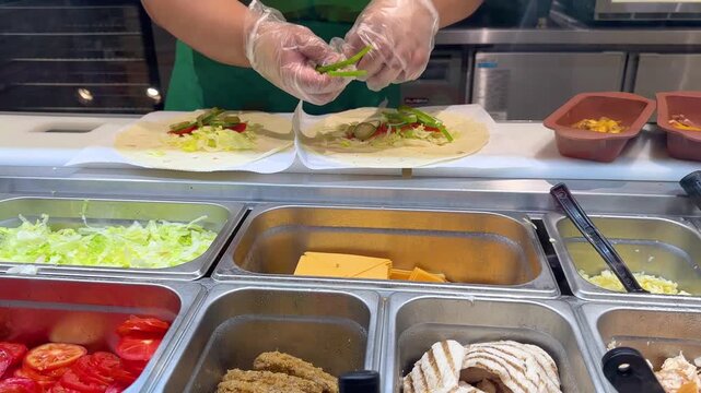 Chef hands in clear gloves preparing two burrito wraps with fresh green bell peppers and other vegetables at a fast food counter.