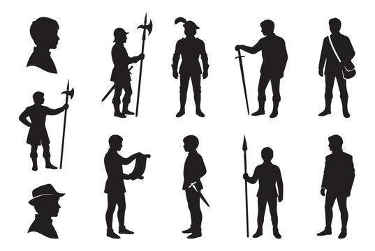 Medieval knight and soldier silhouette set with ancient weapons