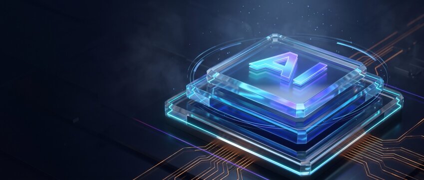 Artificial intelligence processor, square central processing microchip glowing with AI letters on dark motherboard. High throughput neural accelerator powers automated machine learning.