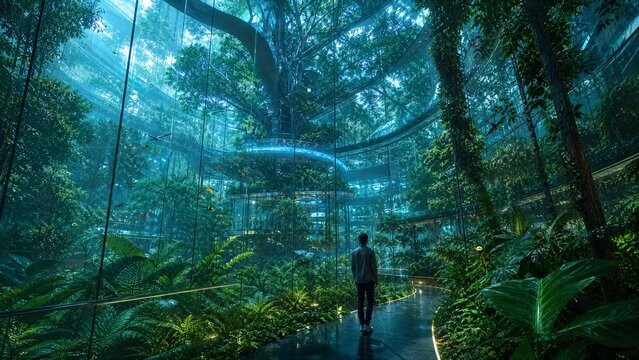 Futuristic Botanical Sanctuary: A lone figure stands amidst a breathtaking futuristic biodome, a harmonious fusion of advanced technology and lush, vibrant nature, evoking wonder and contemplation.