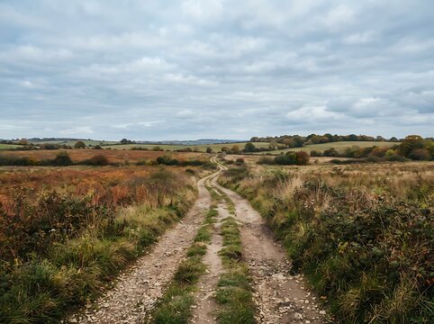 A scenic dirt path winding through the rolling hills of the English countryside in autumn.