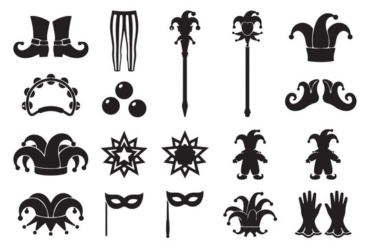 Jester costume and court fool accessory silhouette icons set
