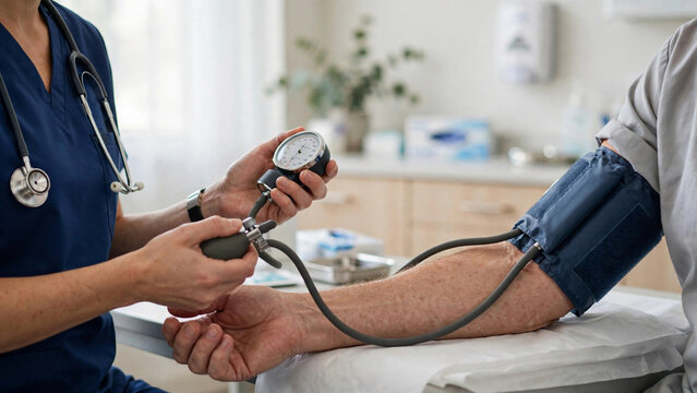 Nurse checking patient's blood pressure with manual sphygmomanometer in clinic