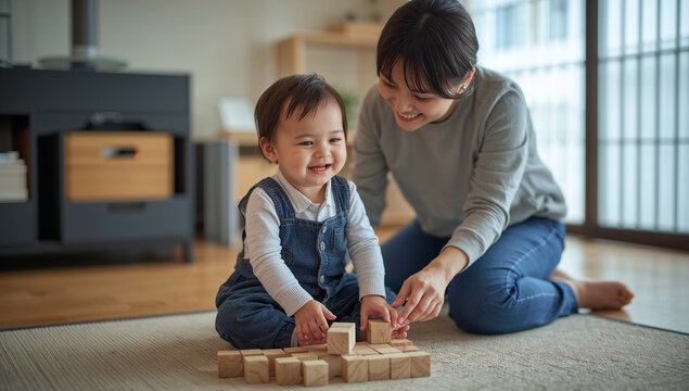 室内のラグで木製ブロック遊びをする幼児と女性