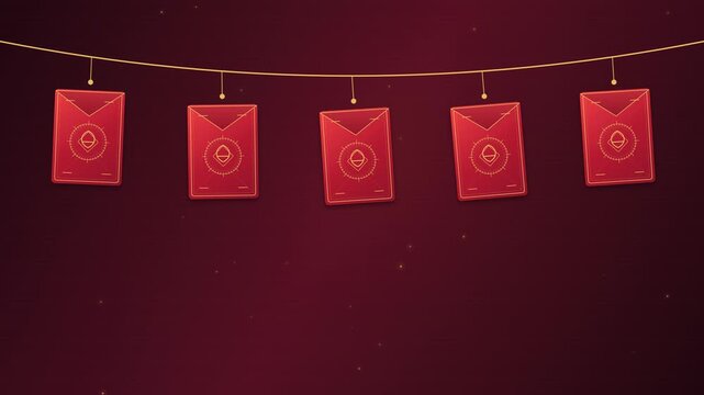 Five decorated red envelopes hang from a curved gold cord and sway gently above generous central copy space.