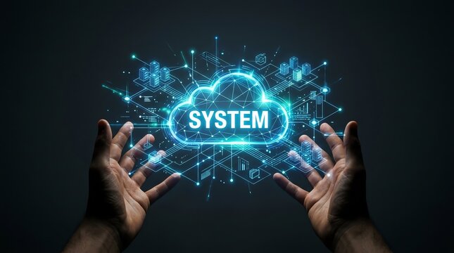 Futuristic cloud computing system concept with hands holding digital network infrastructure and database icons on dark background