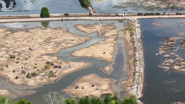 Rivers drying up due to climate change and global warming, with cracked dry land in the background