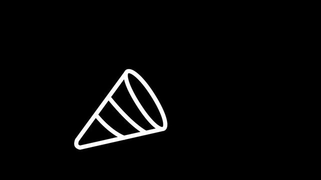 Animated white line art party popper on black background. Minimalist confetti cone animation for celebrations, birthdays, holidays, and festive event designs. Loopable motion graphic.