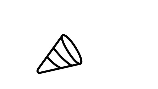 Animated black line art party popper on white background. Minimalist confetti cone animation for celebrations, birthdays, holidays, and festive event graphic designs. Loopable vector motion.