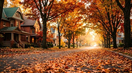 Obraz premium Autumn street scene victorian homes lined with golden fall foliage and covered leaves