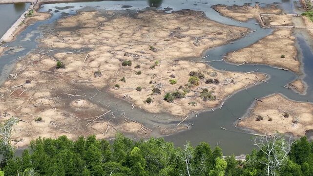 Rivers drying up due to climate change and global warming, with cracked dry land in the background