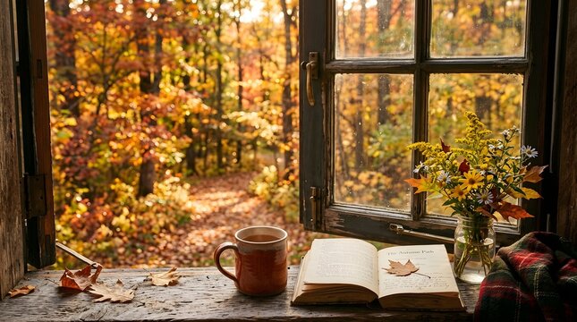 Cozy autumn still life window view of fall foliage with coffee and open book