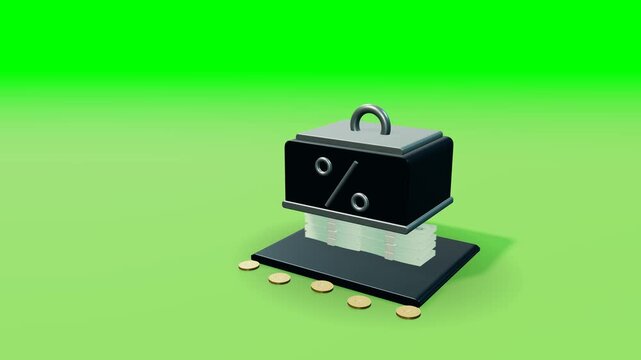 A dark beveled metal weight carrying a raised percentage symbol descends onto bundled fictional banknotes. Paper stacks compress subtly and gold coins rock under the load. Directional light reveals br