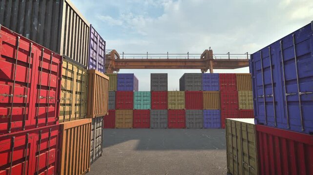 Industrial shipping port concept, Wide shot of stacked colorful cargo Container boxes in industrial yard. 3d animation.