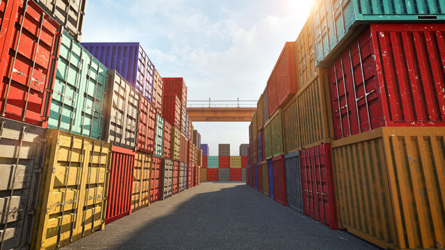 Industrial shipping terminal logistics background, shot in cargo container yard outdoor. 3d rendering.