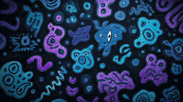 Abstract microscopic cells and organisms graphic pattern background in blue and purple