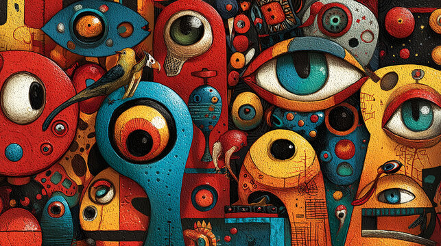 Surreal abstract art composition with colorful eyes and whimsical patterns