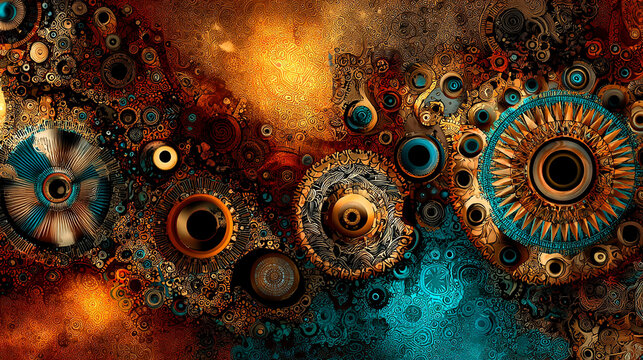 Abstract steampunk background with intricate mechanical gears and circular patterns in warm and cool tones