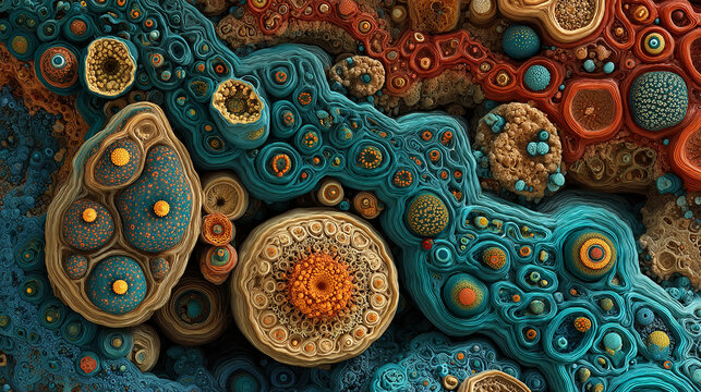 Abstract microscopic cell structure and biological organisms digital illustration