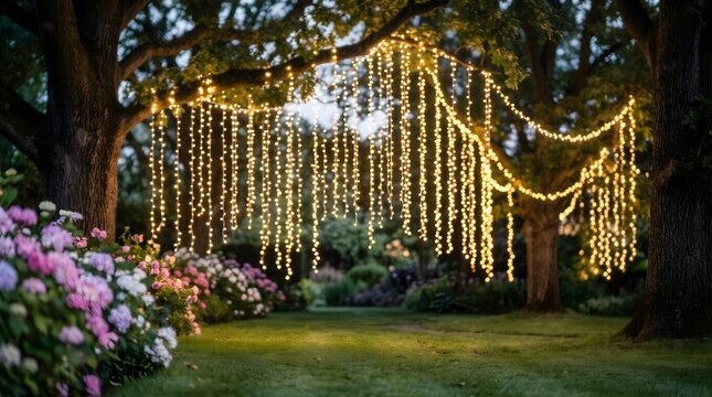 Magical outdoor wedding venue with string lights draped from mature oak trees at dusk