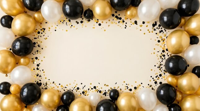 Elegant black gold and white balloon garland with confetti for celebration events