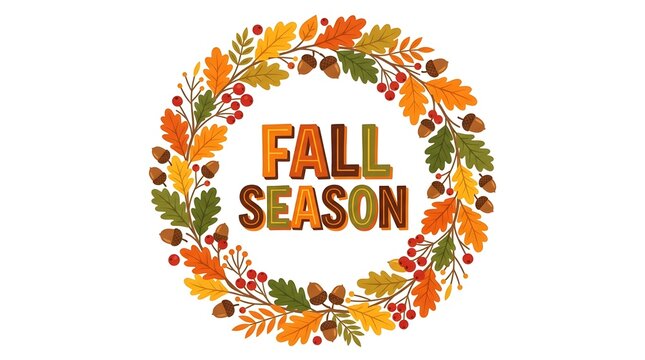 Autumn wreath with fall foliage and acorns featuring 'fall season' typography