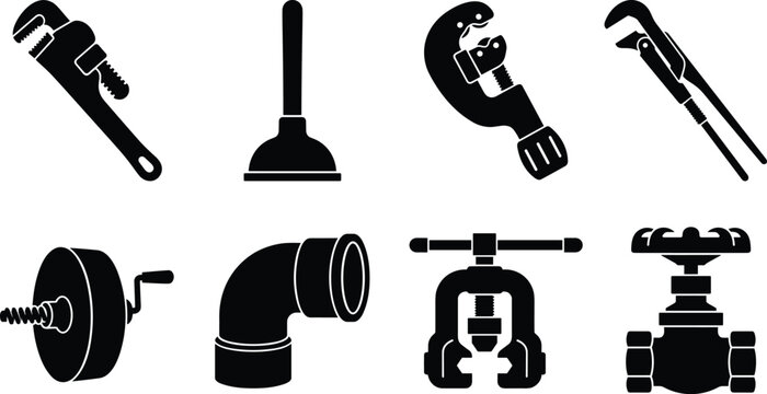 Plumbing tool silhouettes including wrench, plunger, pipe cutter, pliers, drain snake, fittings, clamp and valve equipment