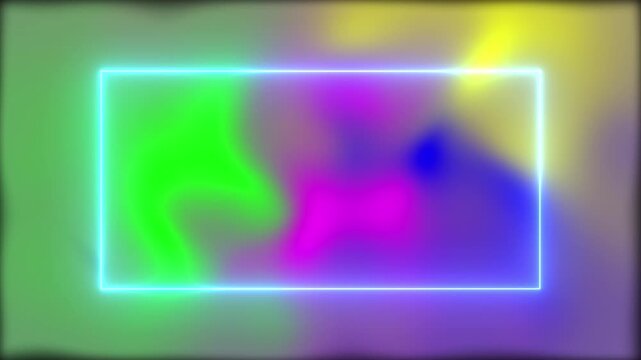 A vibrant, blurred background of neon green, electric blue, and deep magenta hues with a bright cyan neon rectangular frame in the foreground, suggesting a digital or futuristic aesthetic